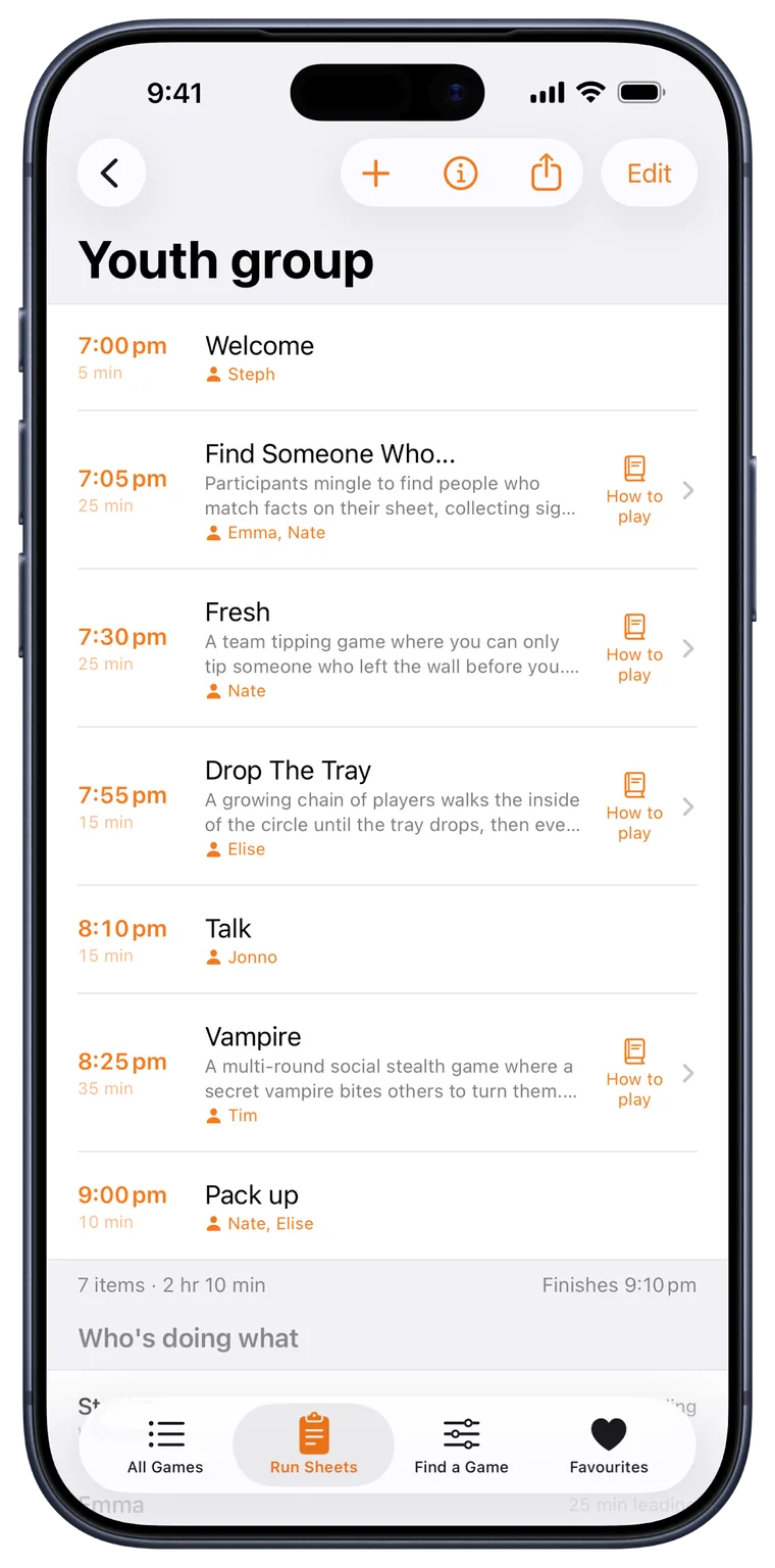 The Group Games app showing a timed run sheet for a youth group night