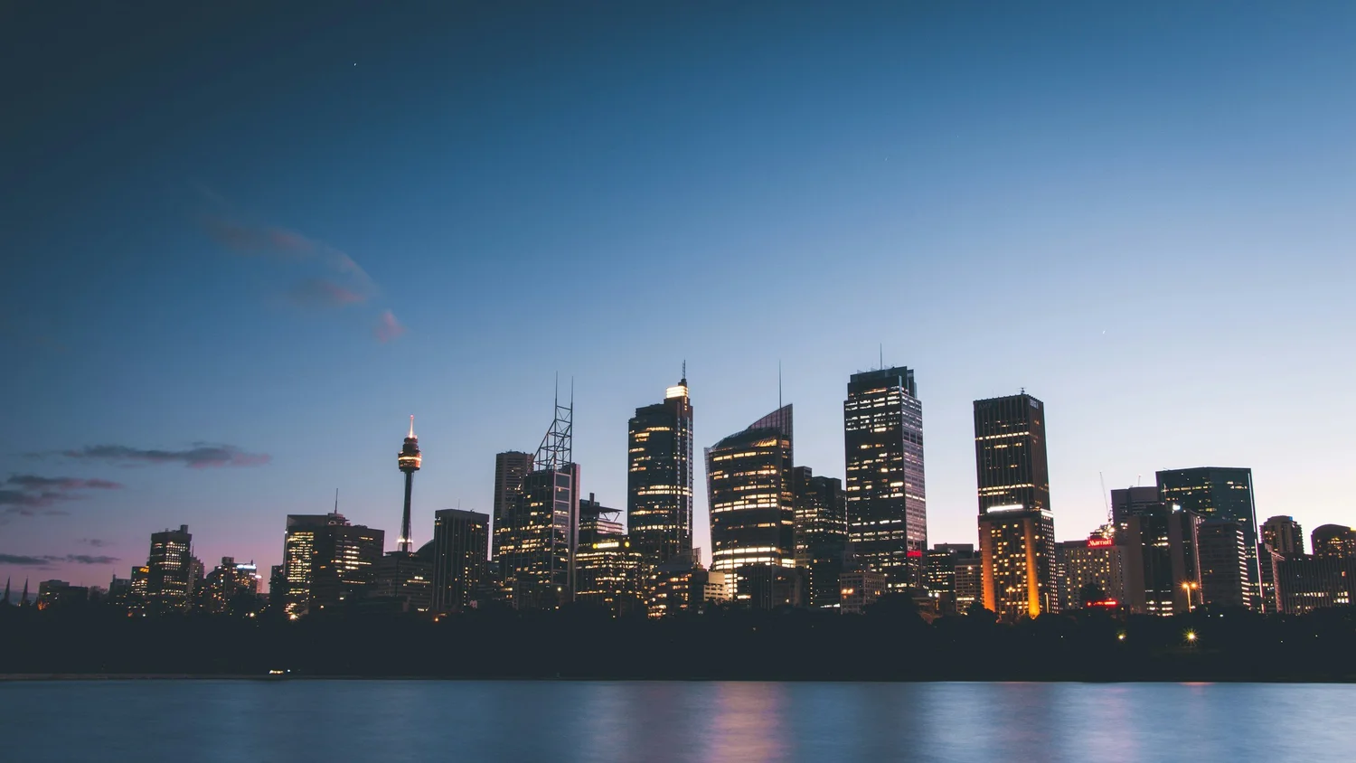 The Sydney skyline across the harbour at dusk